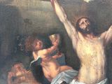 a painting of jesus on the cross with other people