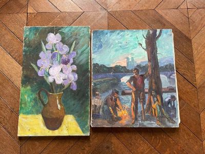 two paintings of flowers in a vase on a table next to a painting of a man and a dog