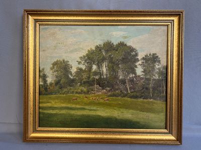 an image of a painting of a field with a house in the background