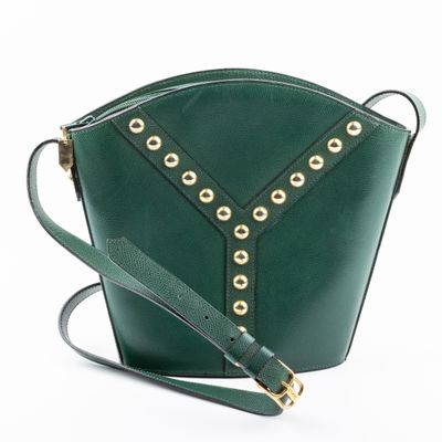 a close up of a green handbag with gold studding