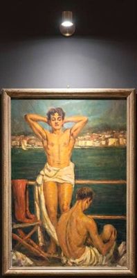 un tableau représentant un homme et une femme sur un bateau