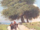 a painting of a man riding a horse down a dirt road