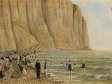 une peinture représentant un groupe de personnes sur la plage