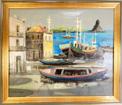 une peinture de bateaux dans un port avec des bâtiments à l'arrière-plan