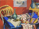 un tableau représentant une table sur laquelle est posée une coupe de fruits