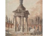 an image of a painting of a fountain with a statue on top of it