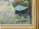 a painting of two boats on the water in a gold frame