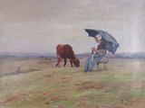 a painting of a woman sitting on a bench with an umbrella over her head and a cow grazing in the background