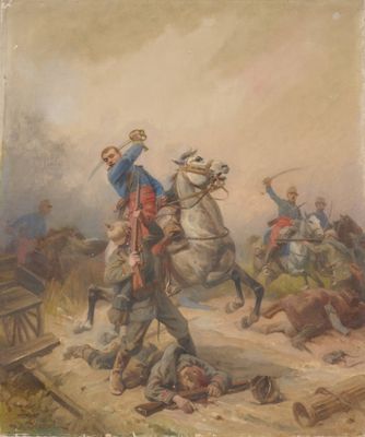 tableau représentant un homme à cheval, aux côtés d'un autre homme à cheval