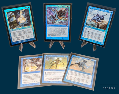 several cards are displayed on a small easer on a blue background