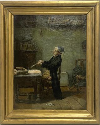 tableau représentant un vieil homme en train d'écrire une lettre dans une pièce où se trouve une chaise