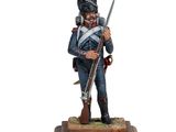 une statue représentant un soldat muni d'un fusil, posée sur un socle en bois