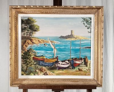 une photo d'un tableau posé sur un chevalet au bord de l'eau