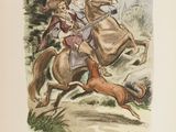illustration représentant un homme à cheval poursuivant un chien dans un champ