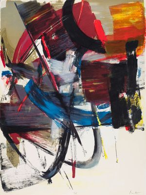 une peinture abstraite dans les tons de rouge, noir, blanc et bleu sur fond blanc