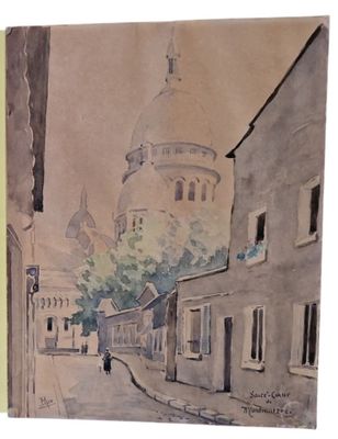 tableau représentant une rue avec, en arrière-plan, des bâtiments et une église