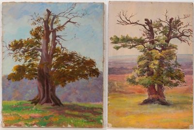 two paintings of trees in a field with a mountain in the background