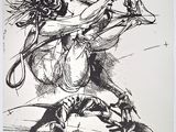 a black and white drawing of a man on a horse
