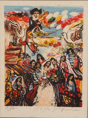 un tableau représentant un groupe de personnes debout devant un ciel