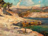 an oil painting of a rocky beach with a boat in the water