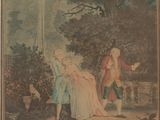 painting of a man and a woman standing in a wooded area