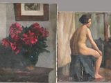 deux tableaux représentant une femme assise sur un tabouret à côté d'un vase de fleurs
