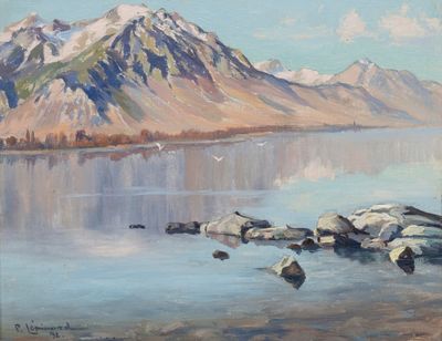 an oil painting of a lake with rocks and mountains in the background