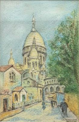 une peinture à l'huile représentant une église devant laquelle se trouve une calèche