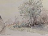dessin représentant un paysage avec une église au loin et des arbres au premier plan