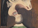 an image of a painting of a woman with a mustache on her head