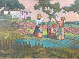 un tableau représentant une femme et deux enfants dans un jardin