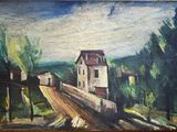 painting of a painting of a house on a hill with trees in the background
