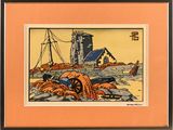reproduction encadrée et sous passe-partout représentant une scène de pêche avec des homards au premier plan