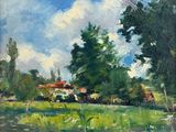 une peinture à l'huile représentant un champ avec des arbres et une maison au loin