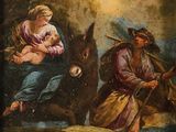 une image représentant un tableau où l'on voit une femme tenant un bébé dans ses bras et un homme assis sur un âne