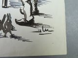 a drawing of a man riding a boat on the water