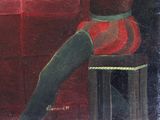 a painting of a woman sitting on a stool with her legs crossed