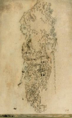 an old drawing of a man standing in front of a body of water