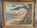 an oil painting of a beach scene with rocks and trees