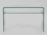 a clear glass console table with a glass shelf on top