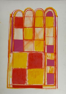 dessin représentant une fenêtre composée de carrés colorés sur une feuille blanche
