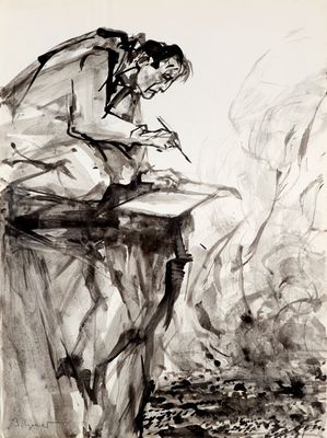 drawing of a woman sitting on a table with a book in her lap