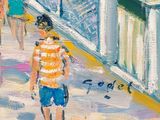a painting of a boy walking down the street