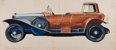 drawing of a brown and blue car with a brown top