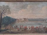 painting of a group of men riding horses near a body of water