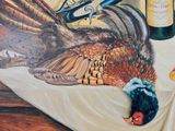 a painting of a pheasant and a bottle of wine on a table