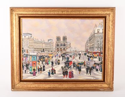 une peinture d'une rue de la ville avec des gens qui marchent dessus