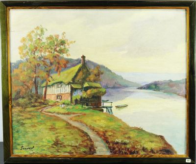 une peinture à l'huile représentant une maison au bord d'un lac