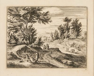 drawing of a landscape with a man and a woman in the foreground and a group of people in the distance