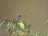 un tableau représentant un oiseau bleu perché sur une plante verte